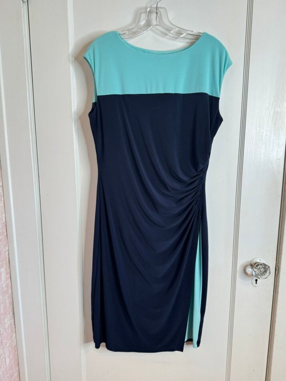 Chaps Teal & Navy Colorblock Ruched Side Sheath Midi Cap Sleeve Dress sz L